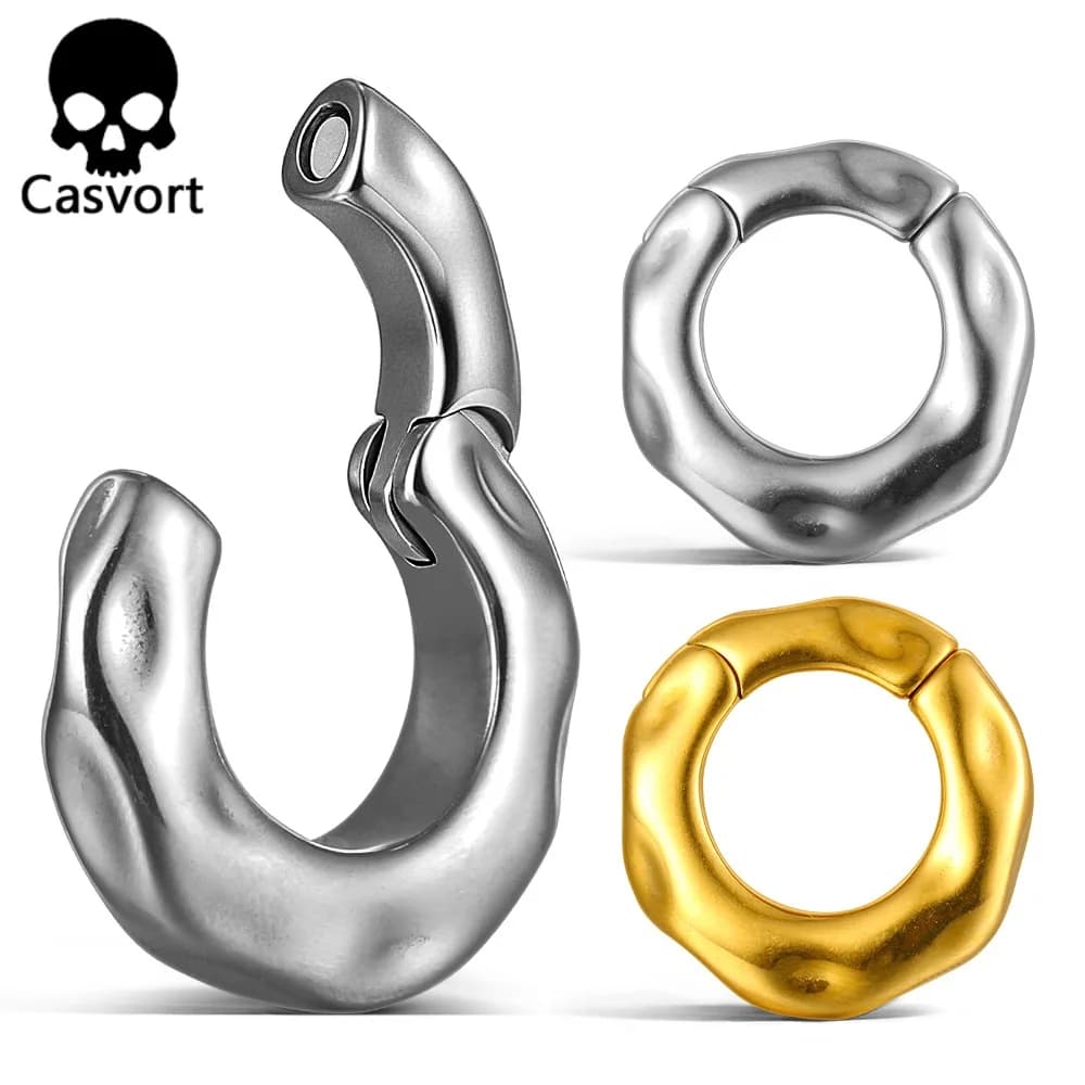 Casvort 2PCS Stainless Steel Magnetic Ear Weights Hammered Hoop Piercing Clicker 6mm 2g Segment Ring For Stretched Lobes Jewelry
