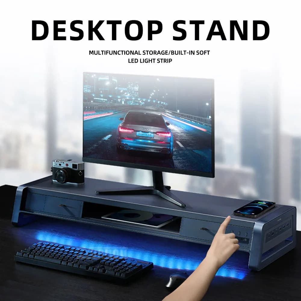 USB Monitor Stand Organizer with Drawer, Multifunctional Docking Station for Office, Desktop & Phone Holder