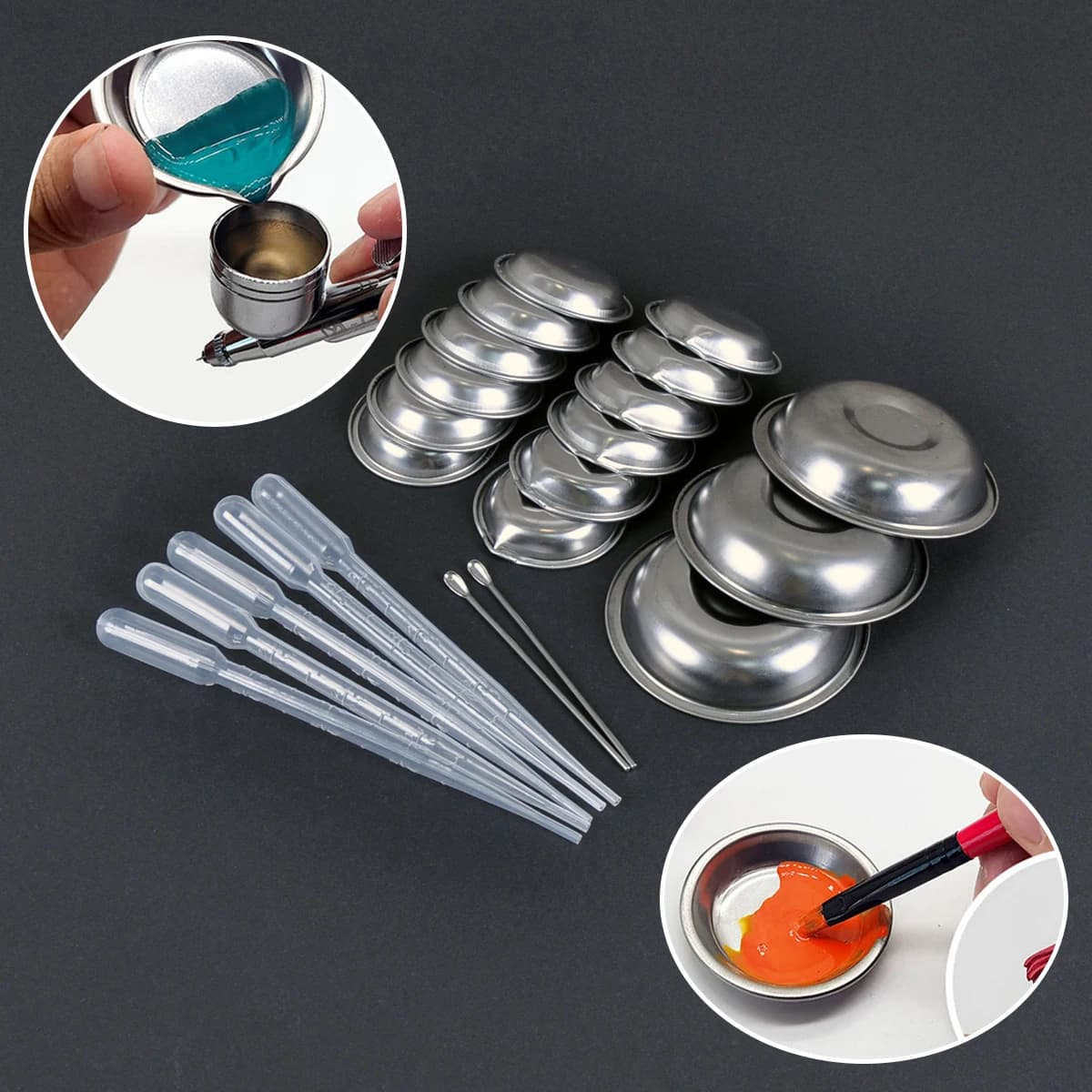 Strumenti per la pittura di modelli in scala, acciaio inossidabile, tavolozza per pittura, piatto per miscelazione, contagocce e set di bacchette per mescolare, agitatore per pittura e aerografo