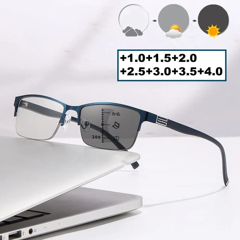 Unisex Photochromic Multifocal Reading Glasses Retro Half Frame Color Changing Presbyopia Men Women Fashion Far Sight Sunglasses