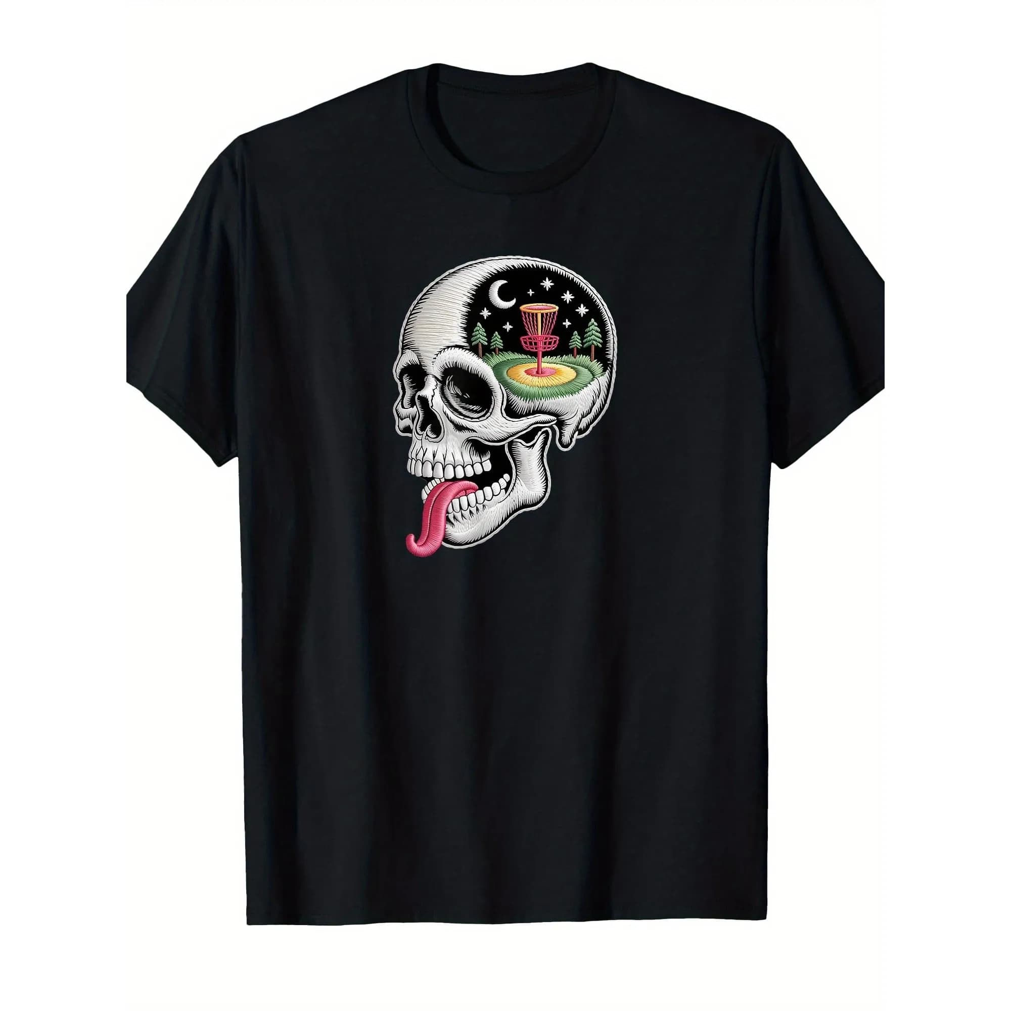 T-shirt con grafica Skull Disc Golf Basket Thoughts, t-shirt in cotone traspirante a maniche corte, regalo per lo sport all'aria aperta