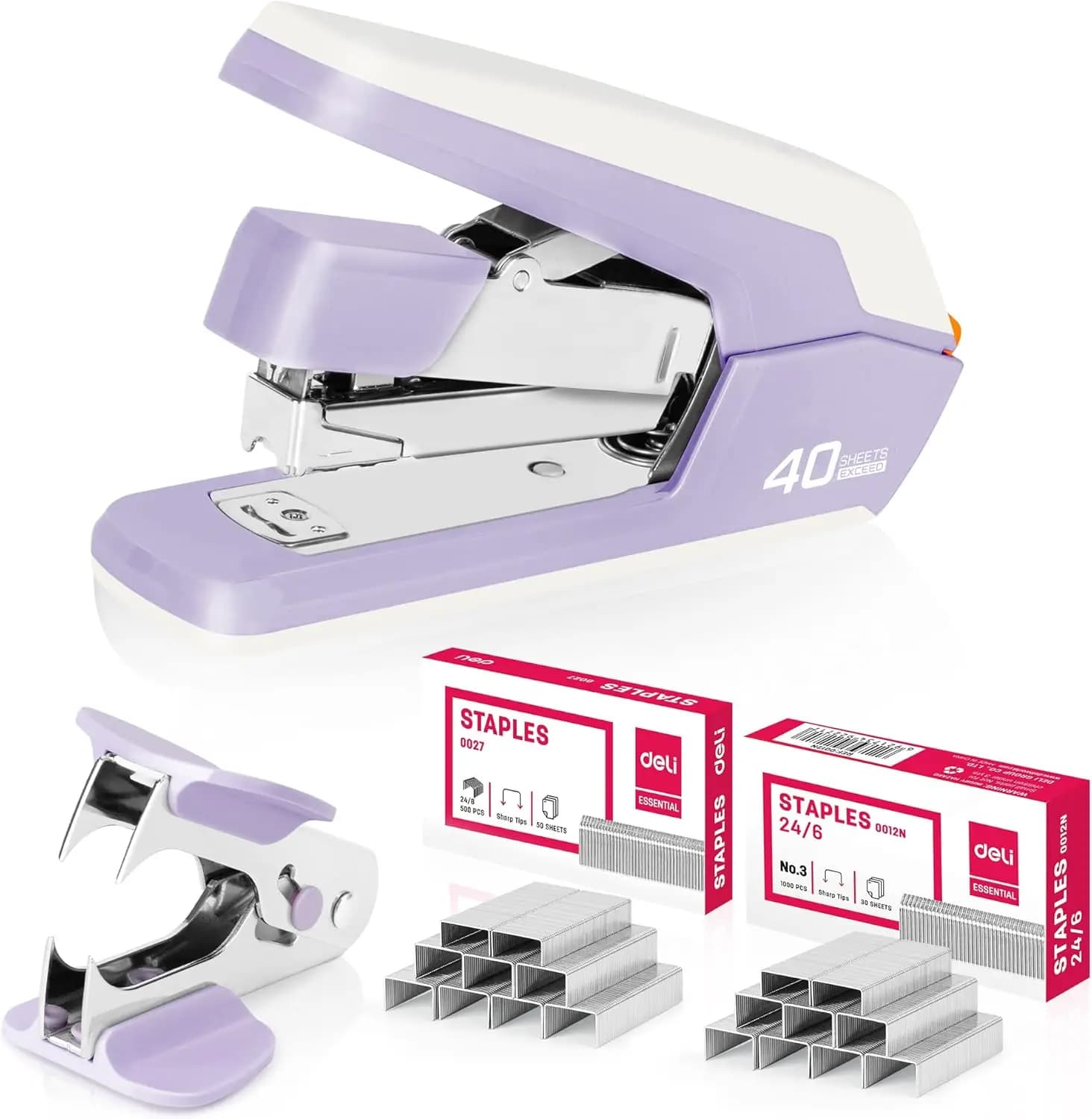 Cucitrice da Scrivania Senza Sforzo, Resistente, 40-50 Fogli, Utilizzo con Un Dito, Senza Fatica, Include 1500 Graffette e Rimuovi Graffette, Viola
