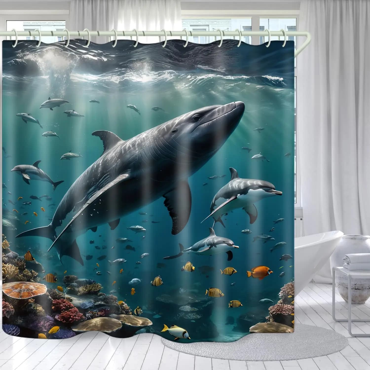 Bagno utilizzando la tenda da doccia 3D Big Fish con fondo marino, tenda da doccia standard per vasca da bagno di lusso, scarpe in tessuto impermeabile e luminoso