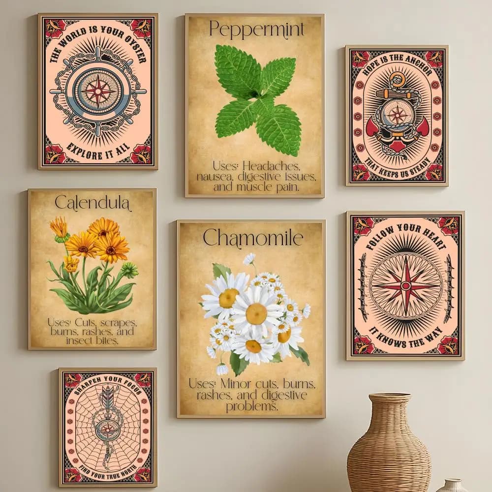 Poster con bussola e freccia di Art Apothecarys Journal, decorazione da parete autoadesiva impermeabile HD, facile da applicare, decorazione multi-scena