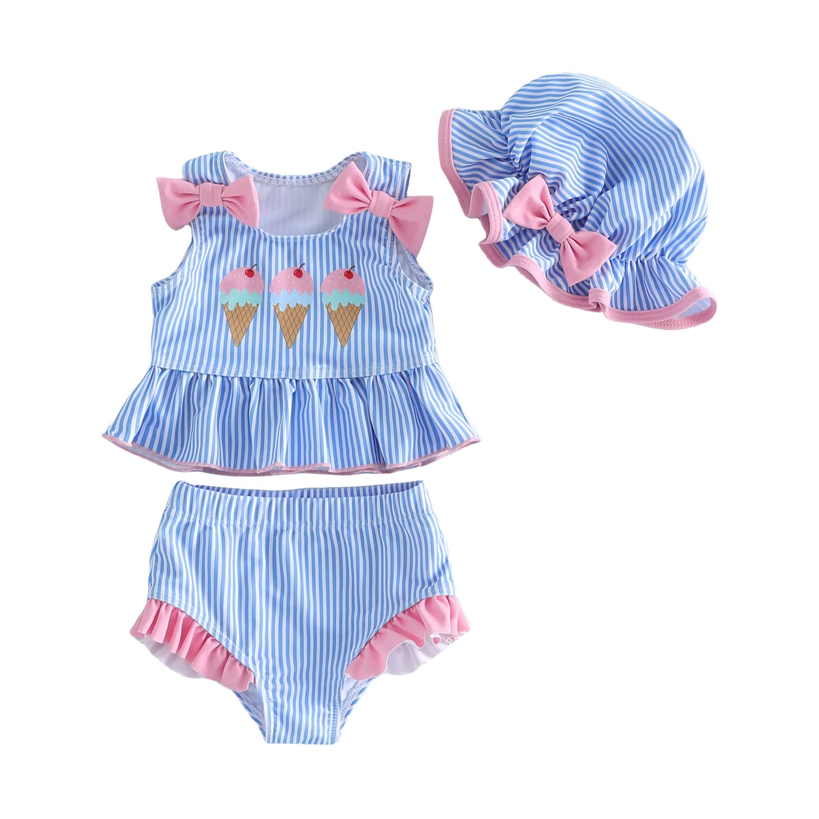 Set bikini da neonata Canotta con stampa gelato con pantaloncini a righe e costume da bagno con cappello per il bagno estivo in spiaggia