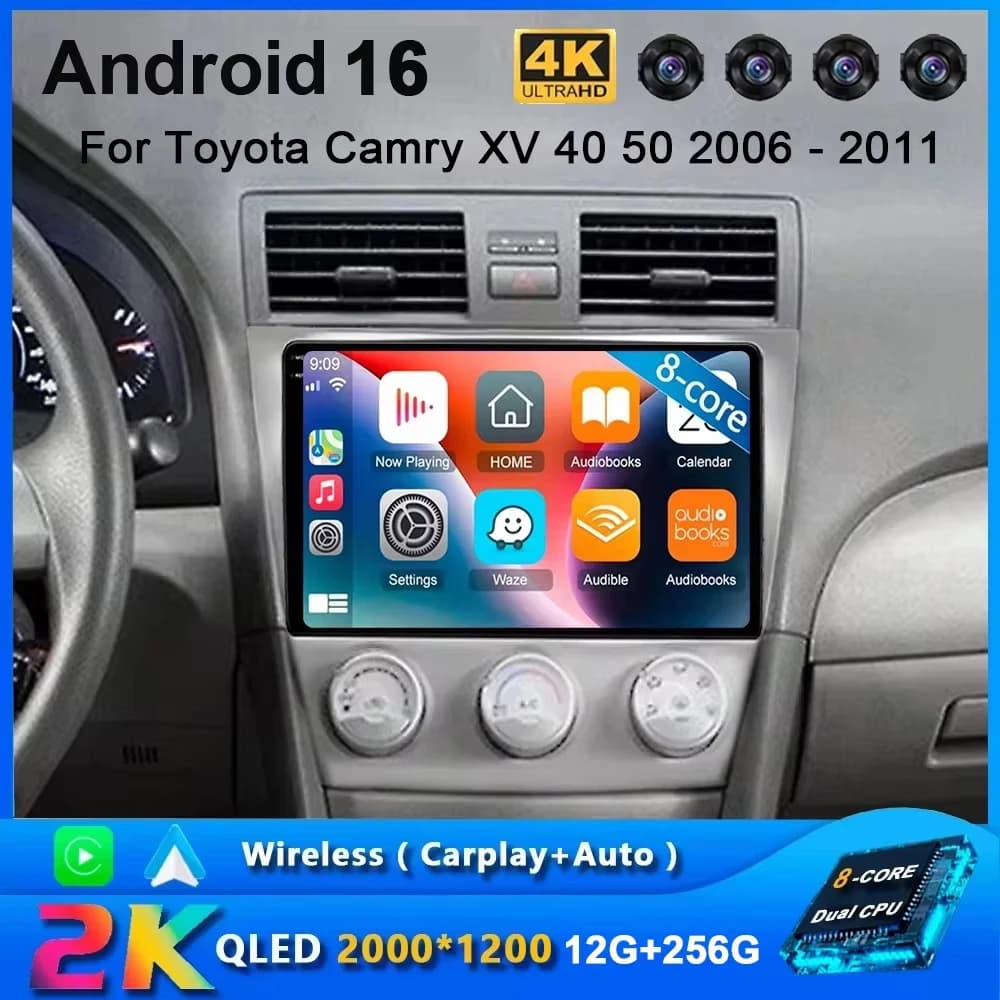 2K QLED For Toyota Camry XV 40 50 2006 - 2011 Android 15 Autoradio Video player Multimedia GPS AI Voice CarPlay 4G Stereo