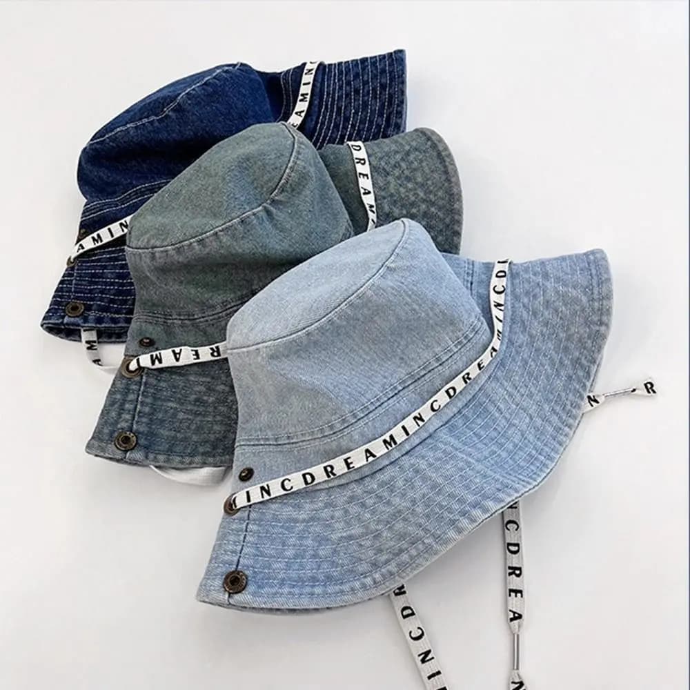 Cappello da pescatore in denim con tesa larga e cinturino, protezione UV, per arrampicata