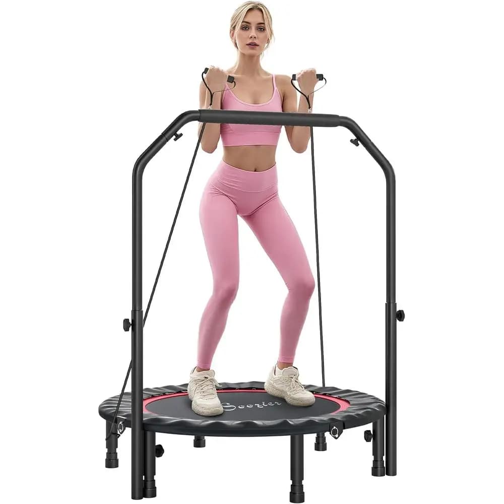 Mini trampolino portatile con maniglia regolabile e bande di resistenza per esercizi indoor/outdoor, supporta fino a 150 kg.