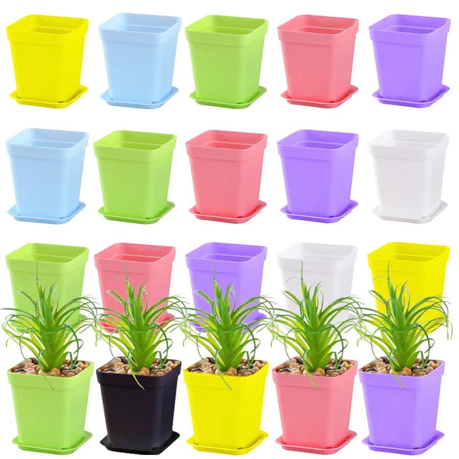 Square 10 piece plastic flower pot 7x7 cm with lid Garden Balcony Office on your desktop Flower pot Plant grower