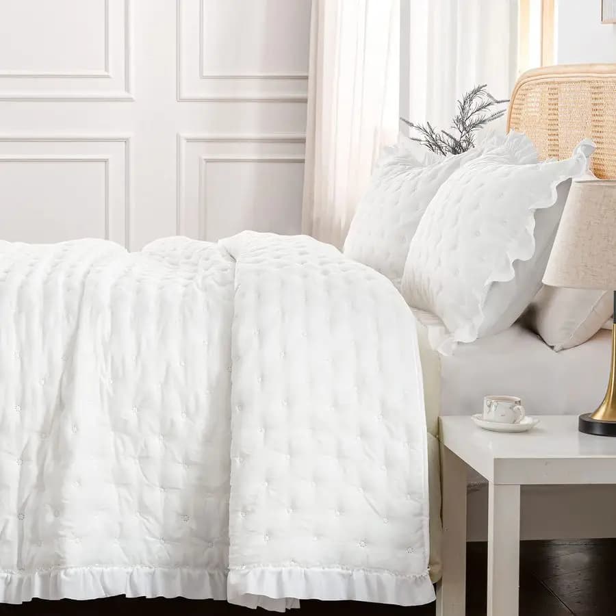 Set of quilted 3 pieces, soft and warm, reversible, with volant, 90 x 90 inches, with 2 pillow cases, 20