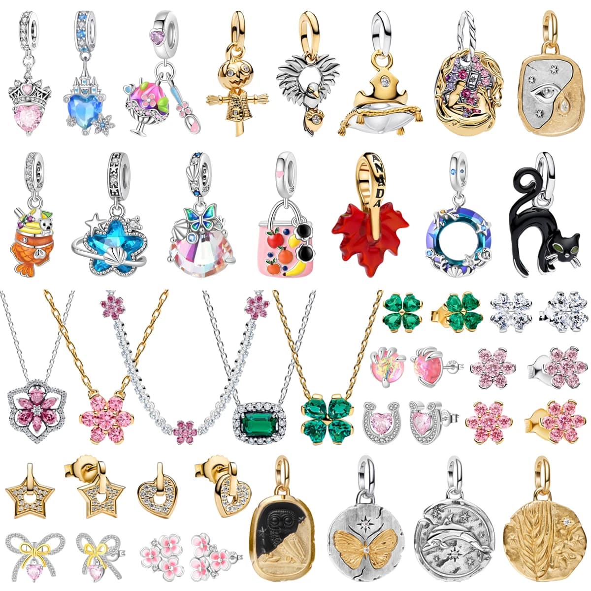 Hot Sale 925 Sterling Silver Maple Leaf Zodiac Four Leaf Clover Flower Bow Set Pendant Earrings Necklace Fit Women Jewelry Gift
