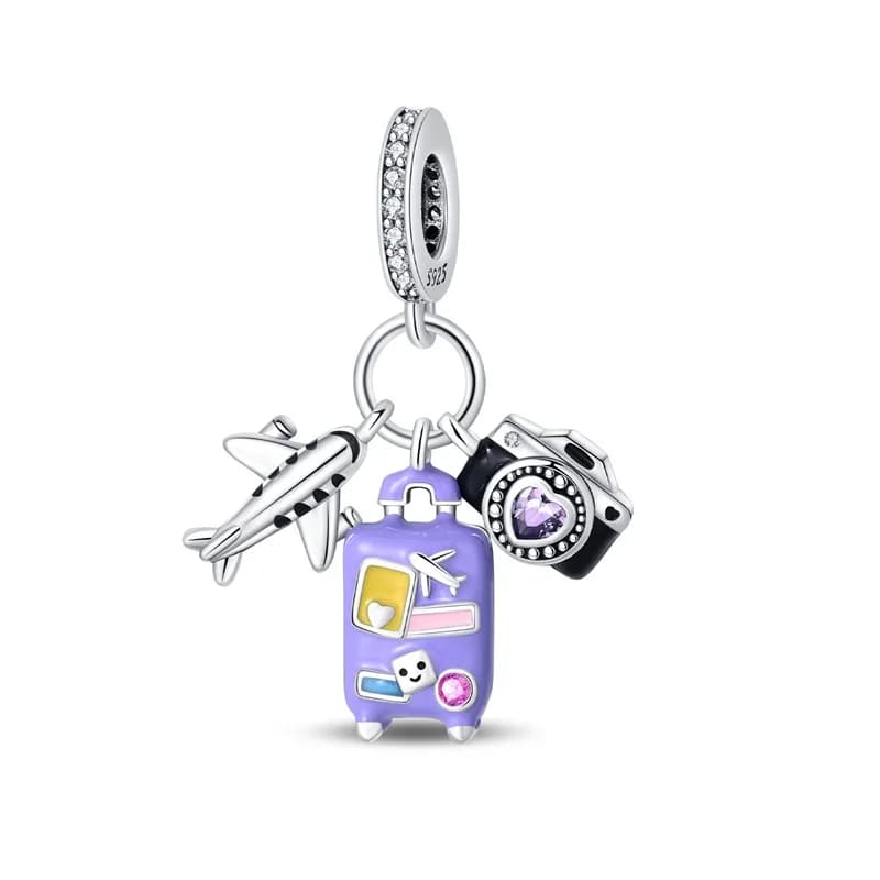 Ciondolo Charm Viola in Argento Sterling 925 per Bagagli, Adatto a Braccialetti Originali da 3mm, Gioiello Fai da Te da Donna per Viaggi e Vacanze, Regalo