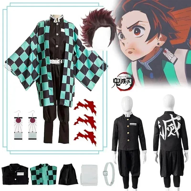 72th Tanjiro Cosplay Anime Tanjyrou Kamado Costume Kimetsu No Yaiba Kimono Earrings Adult Tattoo Stickers and