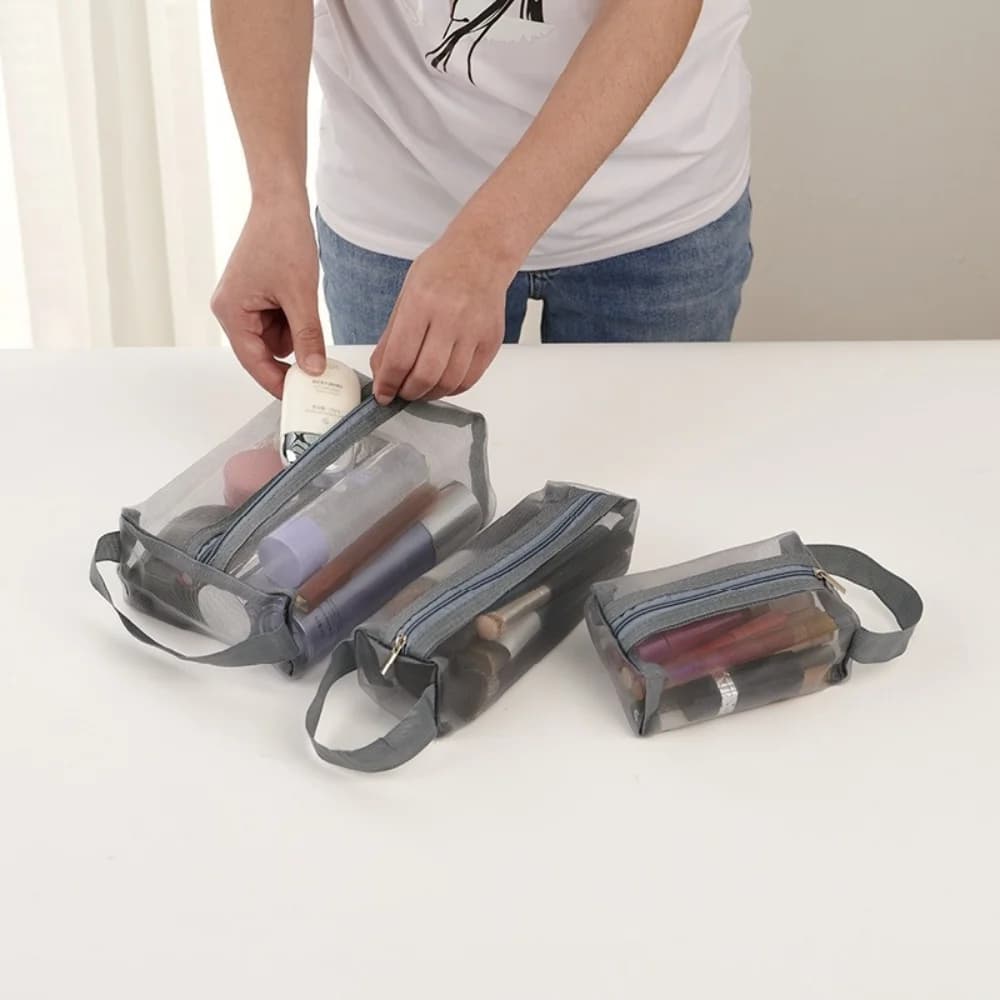 Set da 3 Pezzi di Borse Portaoggetti da Viaggio: Borsa Cosmetica, Borsa da Viaggio Portatile, Borsa a Rete Pieghevole e Portamonete Impermeabile