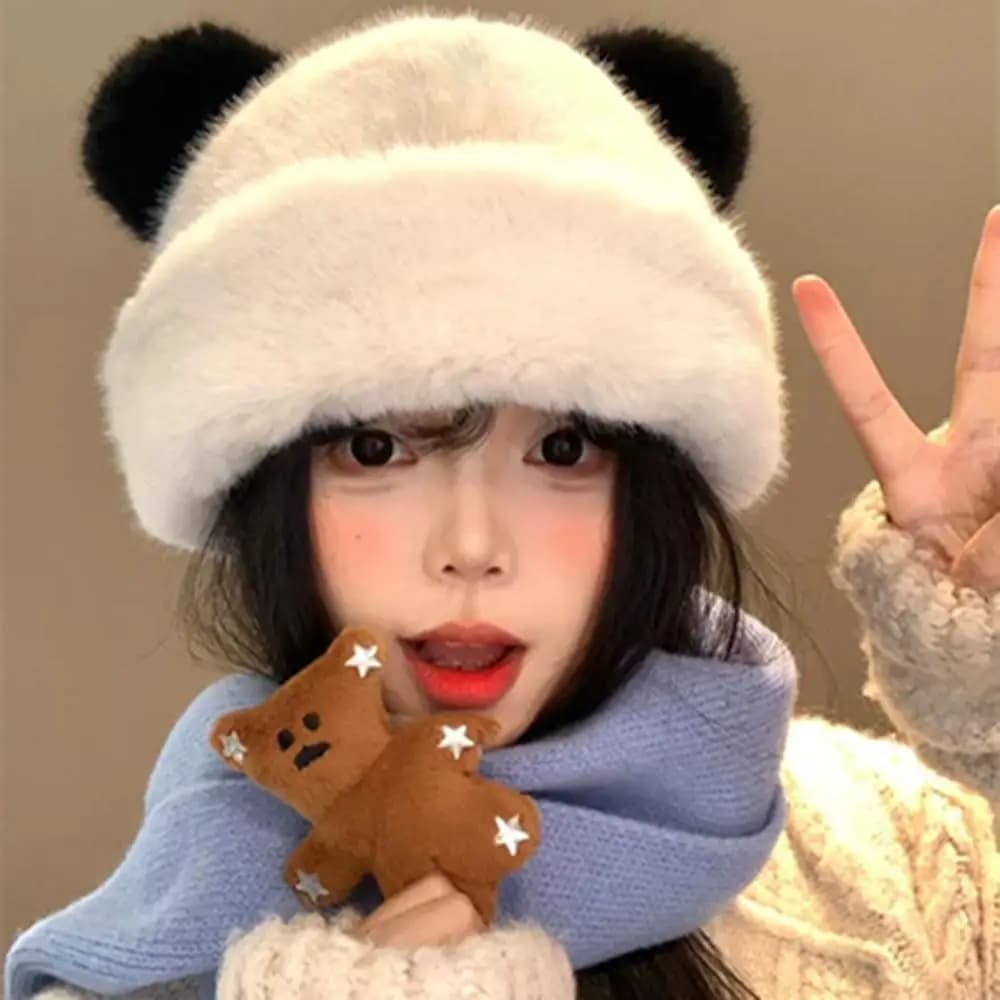 Moda donna simpatico orso berretto con orecchie soffice pelliccia cappello invernale sci invernale equitazione berretti caldi berretto da pescatore in peluche antivento cappello mongolo