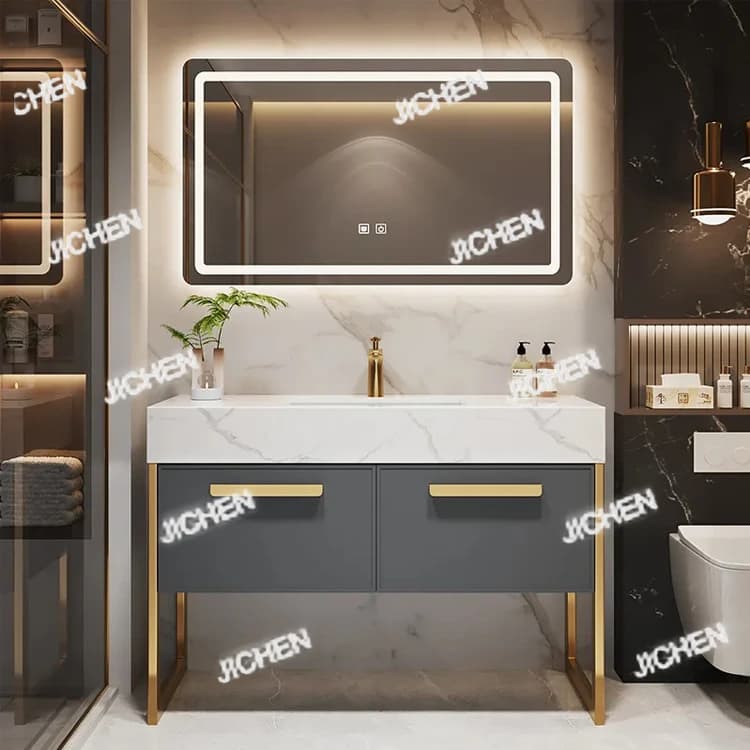 Mobile lavabo da bagno grigio moderno e indipendente di lusso, lavabo con specchio a diodi emettitori di luce