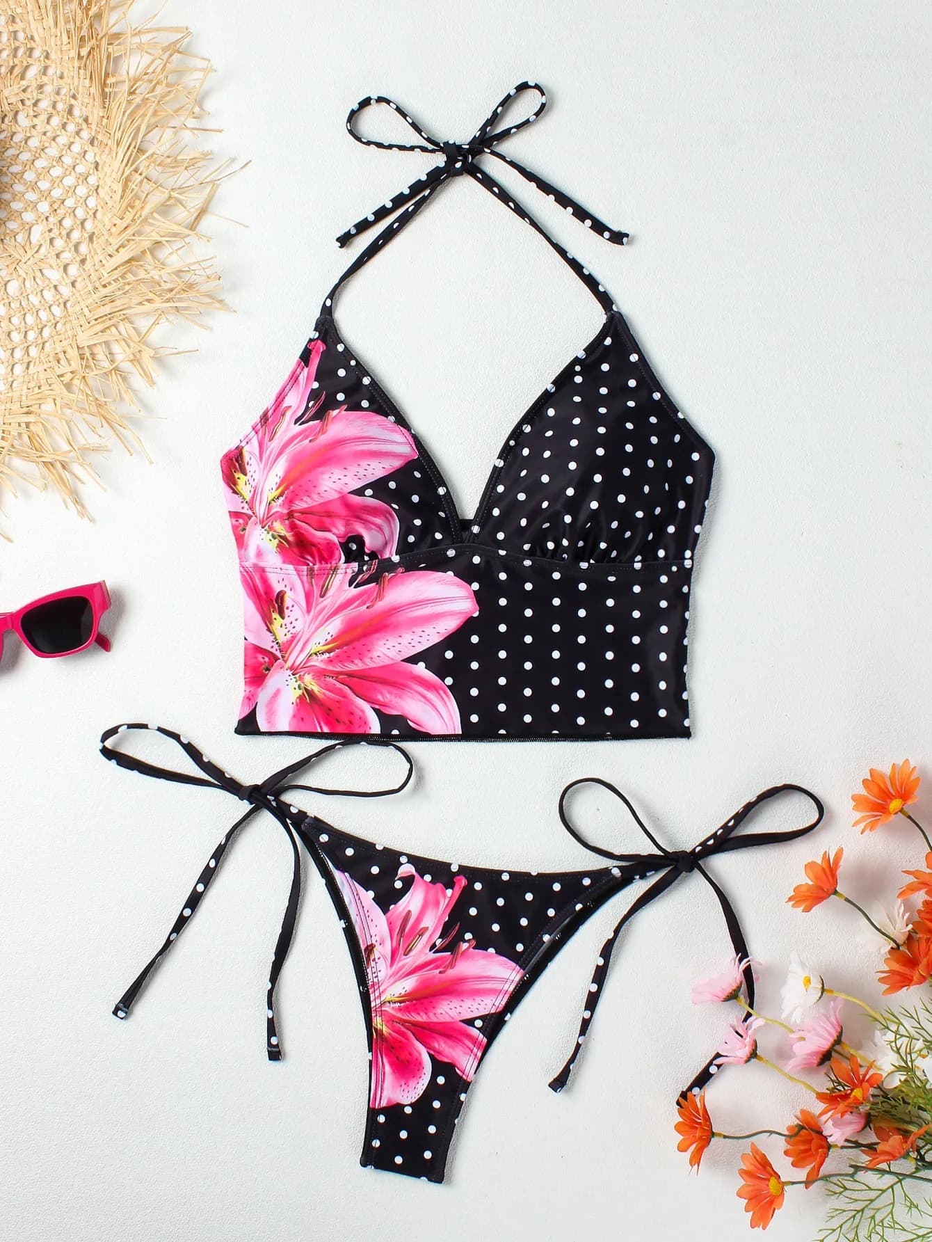 2026 Color Block Printed Tank Top Two Piece Bikini Set Women Triangle Bottom Tie Side Sexy Swimsuit Swimwear Beach Clothes Ropa