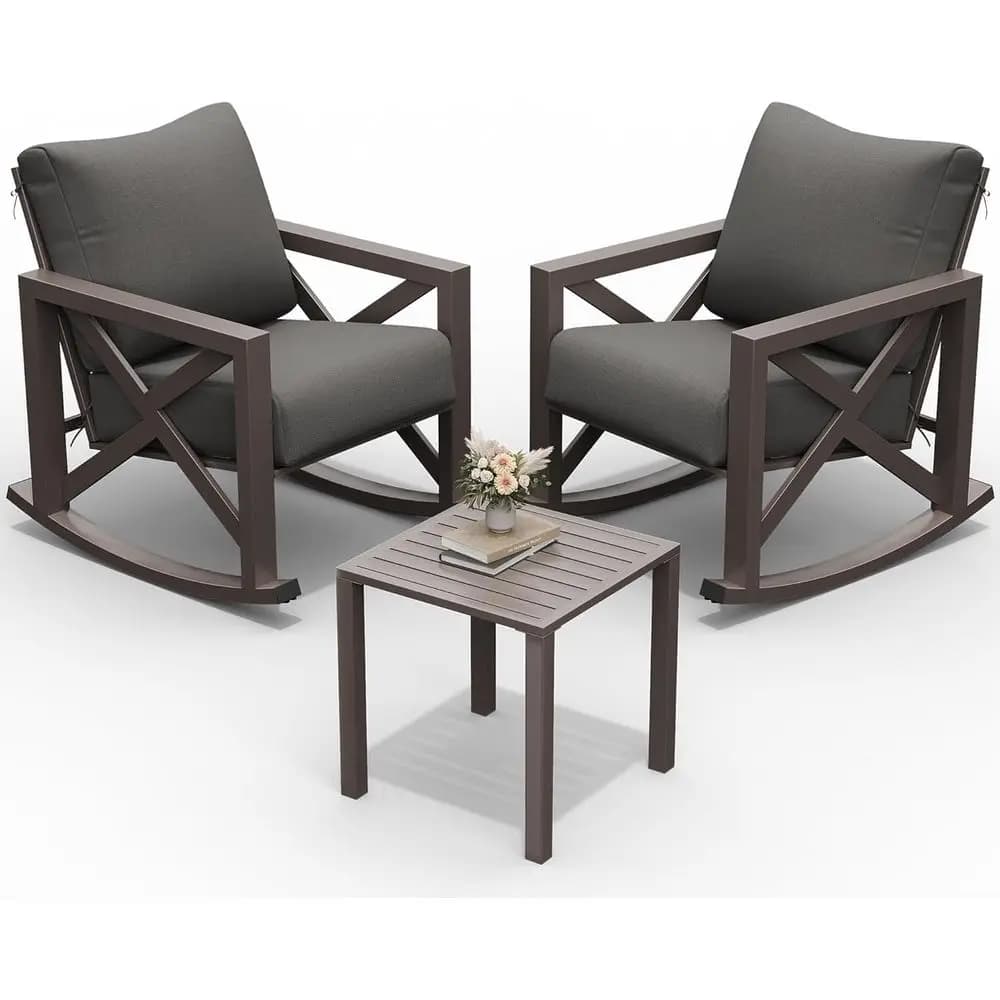 Outdoor Rocking Chair Set o 2 with Coee Table, 3 Piece Metal Patio urniture Set with 6.5" Water-Resistant Cushions, Oversized, 3