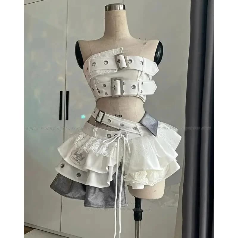 CySweet and Cool Maillard Retro Old Spice Girl Style Splicing Lace Denim Neck Top Gonna corta irregolare Set da due pezzi per le donne