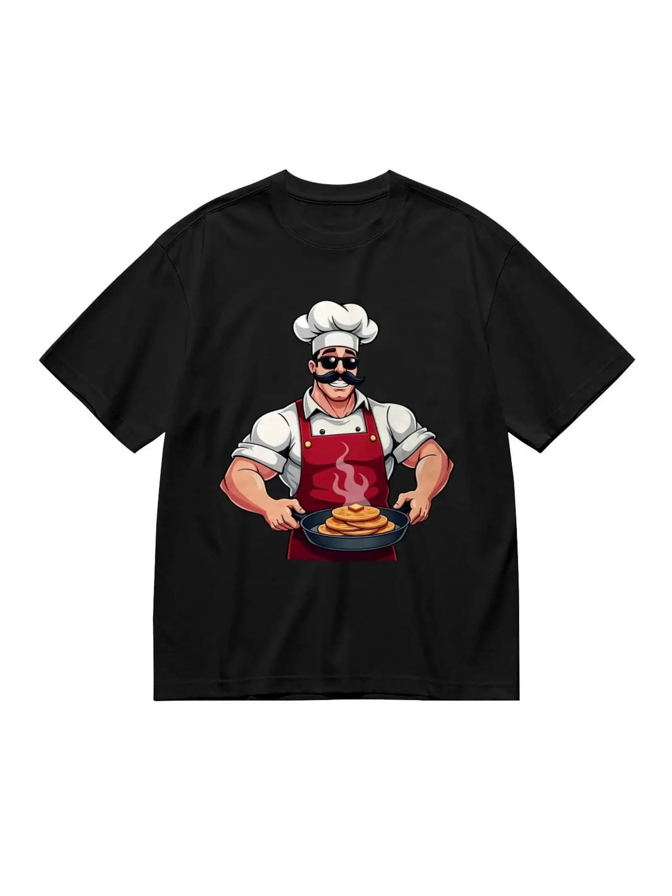 Funny Men's Black Graphic T-Shirt Chef Mustache Sunglasses Pancake Frying Pan Cooking Cartoon Kitchen Humor Print 100% Cotton Heavyweight Short Sleeve Casual Streetwear Tee