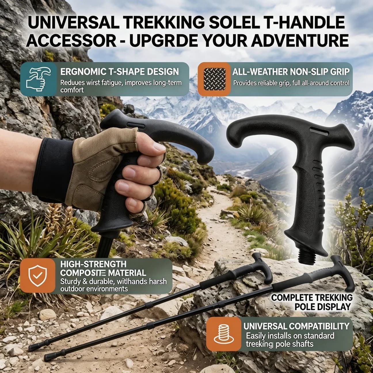 Impugnatura Ergonomica per Bastone da Trekking, Adattatore a T/Dritto da 18/20mm, 2 Pezzi Testa Monopiede per Escursionismo, Campeggio e Arrampicata