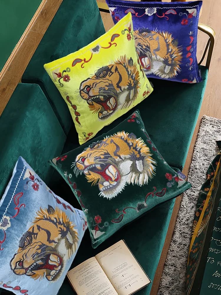 King Tiger Flora Embroidery Pillow Cover Shiny Velvet Green Yellow Cushion Case Modern Art Coussin Home Cojines Sofa Chair Decor