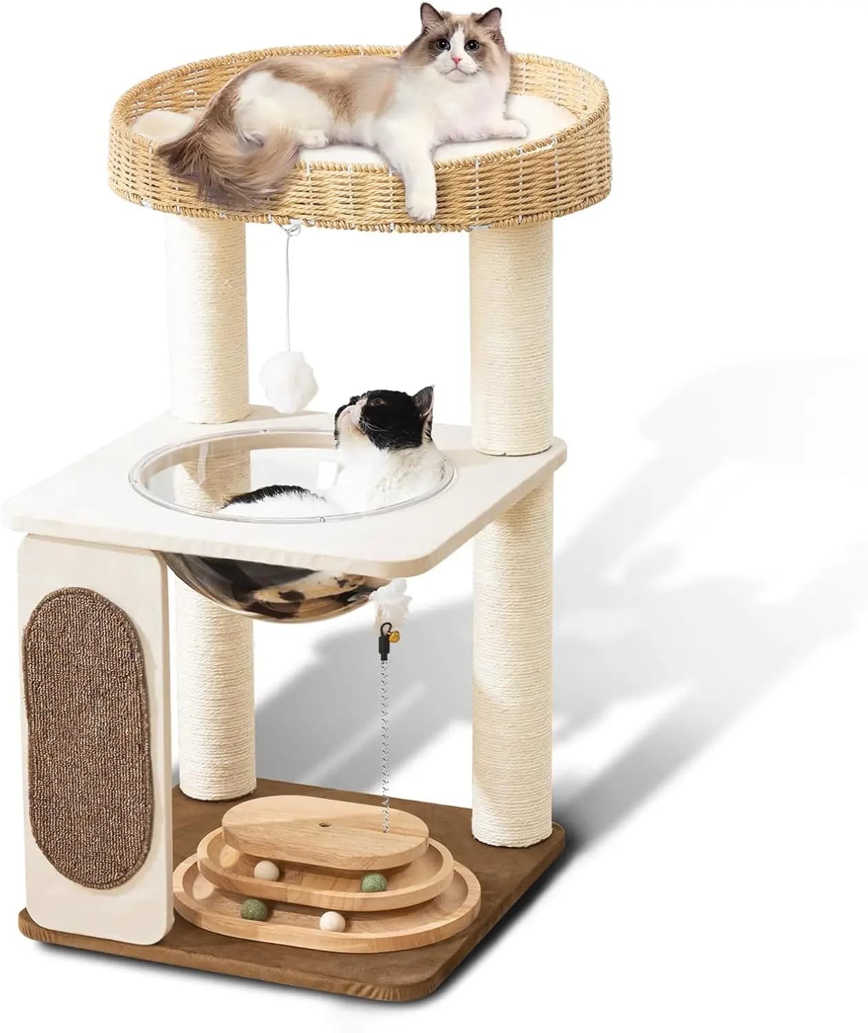 Albero per Gatti Moderno per Interni con Tiragraffi in Corda di Sisal, Cuccia Intrecciata a Mano e Postazione Superiore, Capsula Spaziale per Gatti