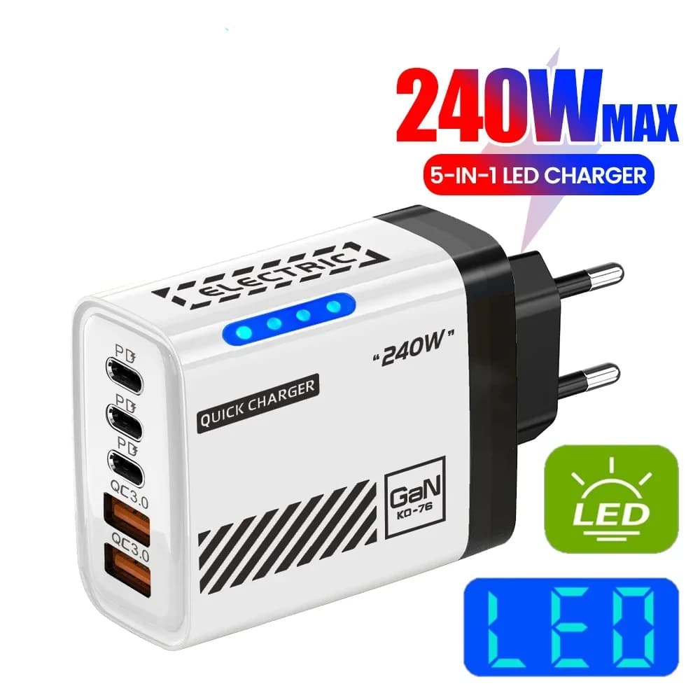Wall charger GaN 240W 5 port USB C fast charging PD QC3.0 for iPhone 16 17 Samsung Xiaomi Huawei with EU/US/UK plug, table charger
