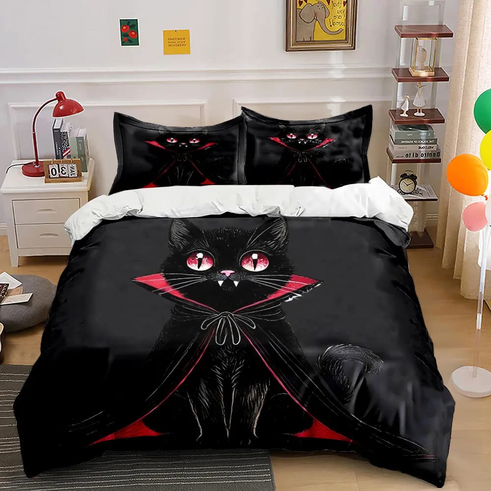 Set di decorazioni per Halloween con gatto nero, set di biancheria da letto con 1 copripiumino, 2 federe, singolo, matrimoniale, king size, queen size, regalo