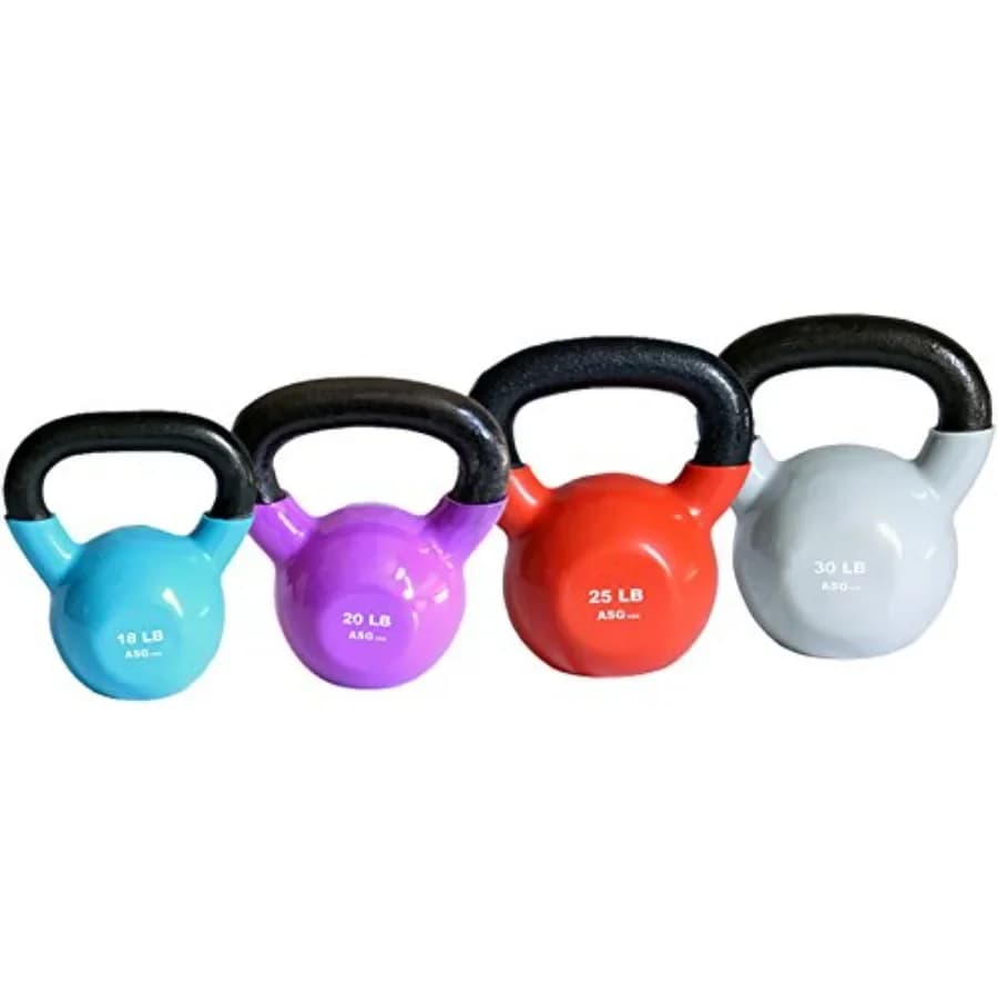 Home gym vinyl kettlebells set: 12/15/18/20/25/30lbs, durable PVC-coated cast iron, black with color-coded weight labels, ergon