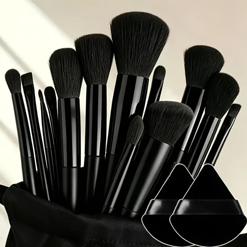 16Pcs Makeup Brush Set w/ Pouch & 2 Sponges, Vegan Soft Bristles, Full Face Kit, Foundation Contour Eyeshadow Lip, Gift