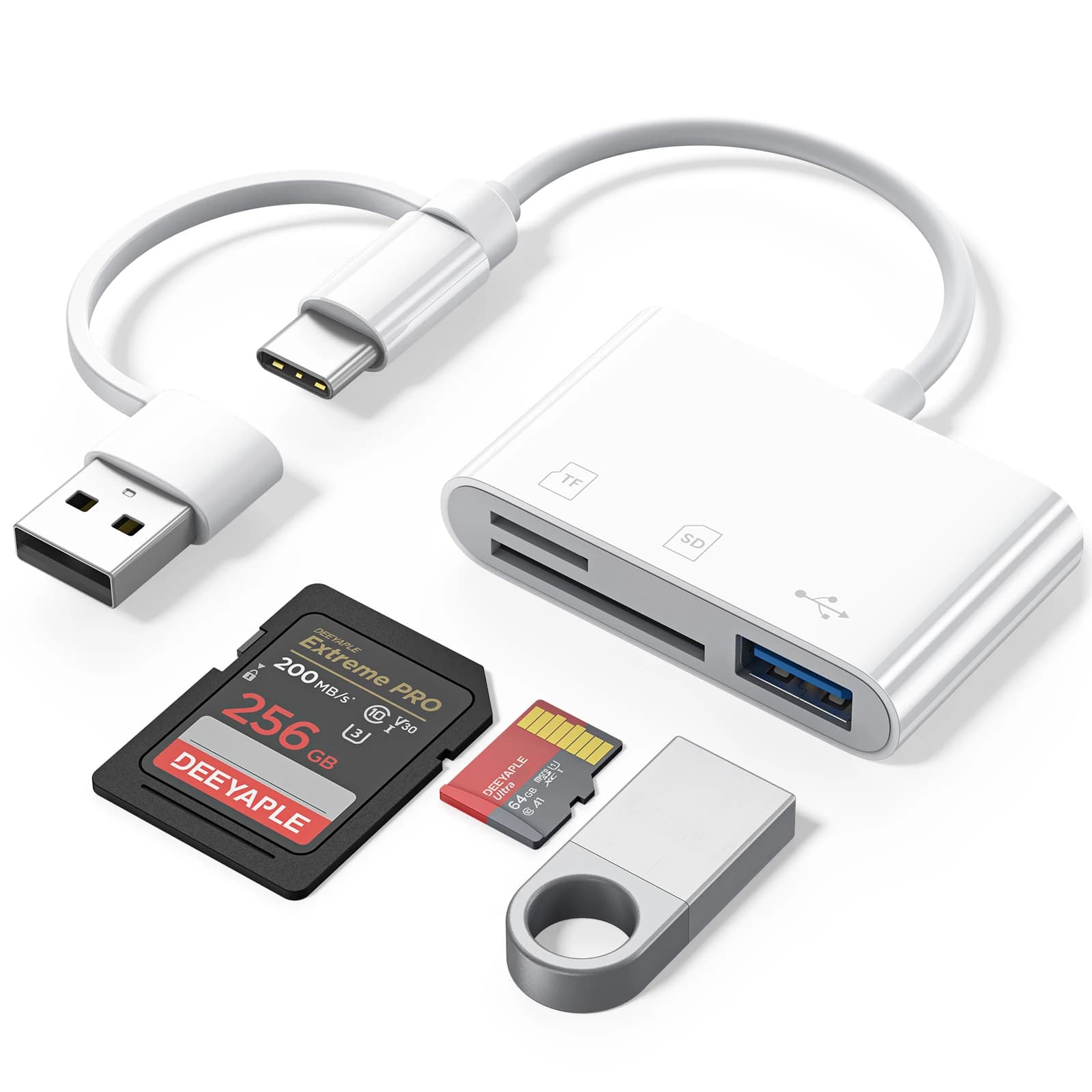 Deeyaple D-L03-3 Lettore di schede di memoria 3 in 1 USB A USB C SD TF Adattatore per IPhone IPad Macbook Computer Android Plug Play