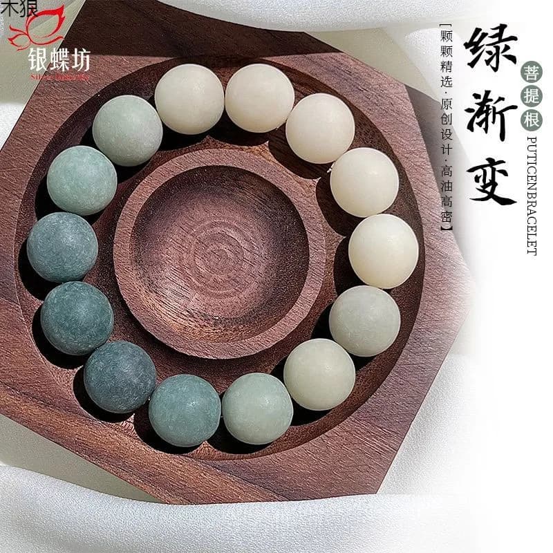 Bracciale con perline di Buddha antistress con sfumatura verde radice ecologica
