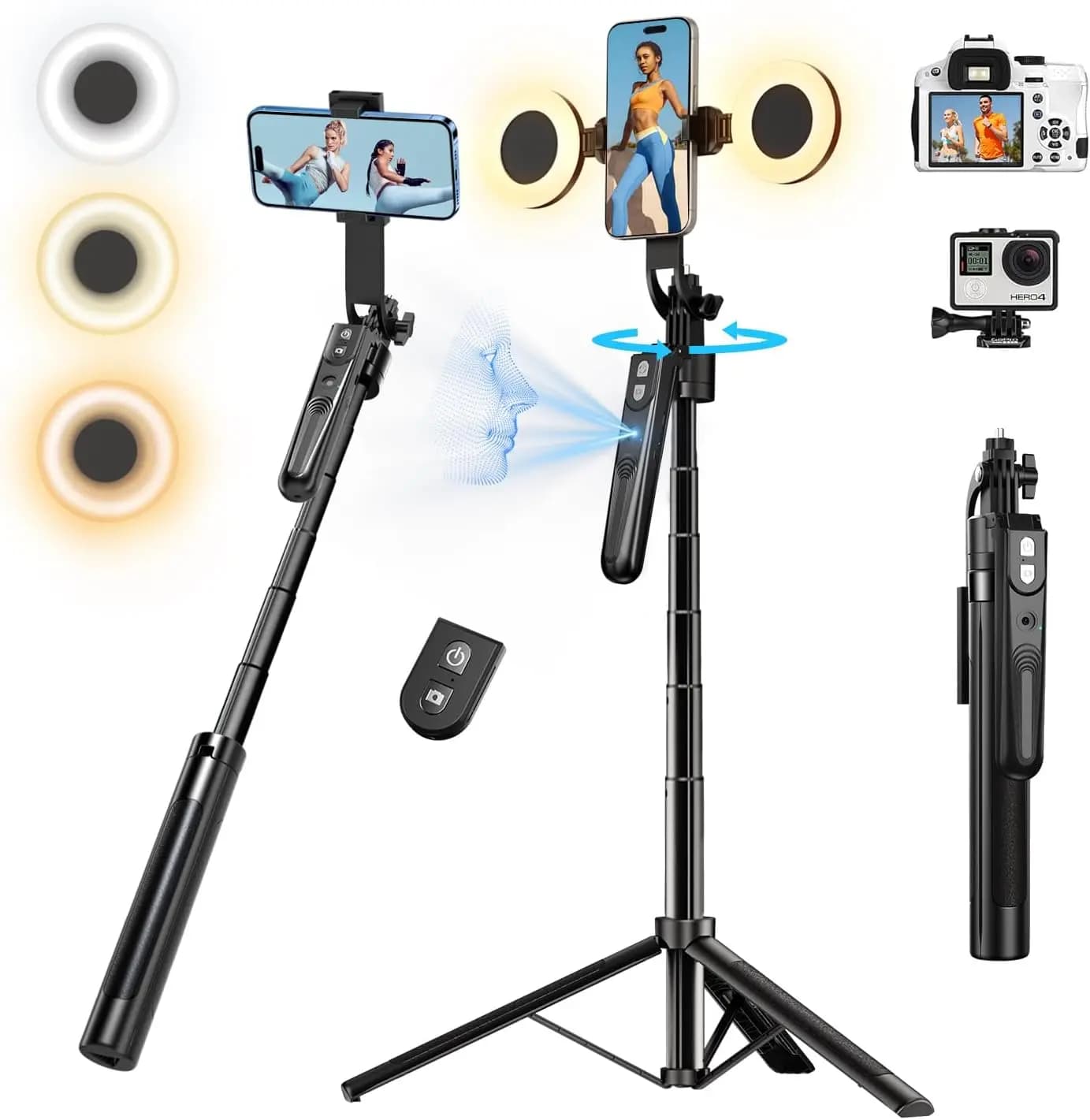 Treppiede con Tracciamento Automatico del Viso e Rotazione a 360°, Asta Selfie da 180 cm con Tracciamento AI, Rotazione con Telecomando, Motion S
