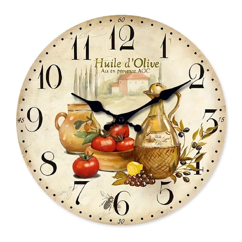 Vintage Provence Olive Oil and Tomato Pattern Wooden Wall Clock Living Room 10-Inch 12-Inch 14inch (No Battery)