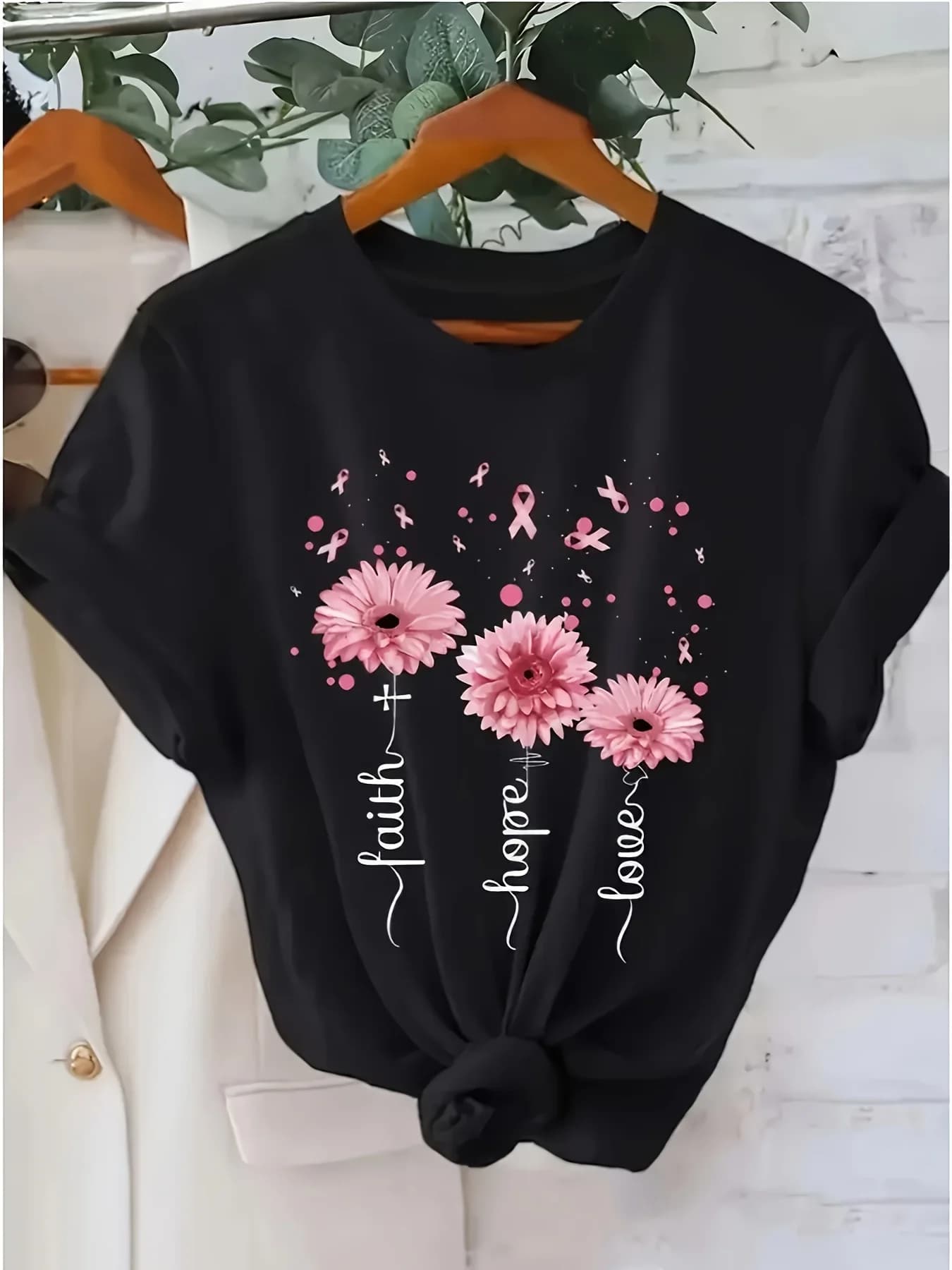 A Women's T-Shirt Featuring Floral and Faith-Inspired Prints, with a Casual Round Neck and Short Sleeves Made from Polyester Fabric, It Offers All-Season Comfort and a Snug Fit, Perfect for Summer and Spring Fashion.