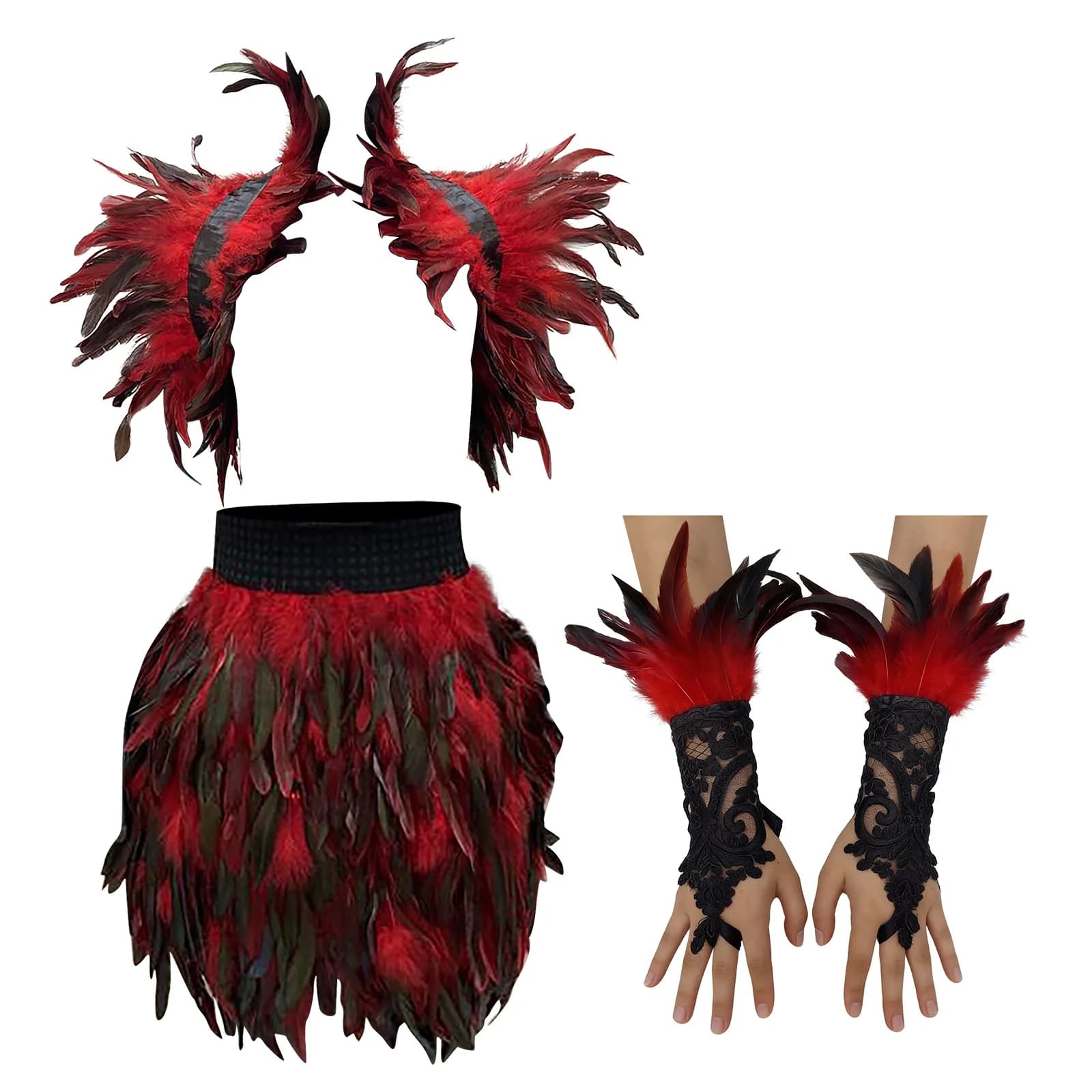 Gothic Style Feather Shawl Jacket Fake Collar Gloves Set Halloween Party Dance Organic Cotton Skirt for Elderly Women