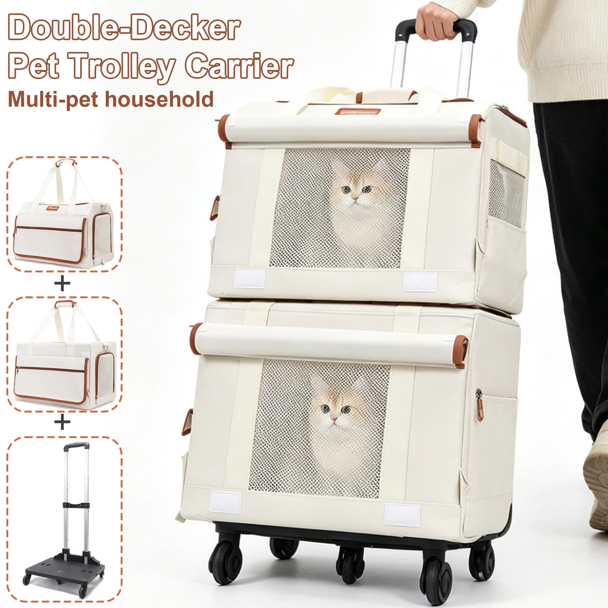 Detachable Double Compartment Rolling Cat Carrier Trolley Bag, Breathable Mesh Hard Support Pet Travel Carrier with Silent Unive