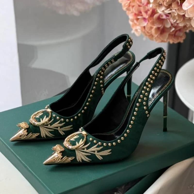 Dark Green Embroidered Pointed Toe Metal Buckle Stiletto Sandals Woman Summer 2026 Black Slingback Slip-On Sexy High Heels