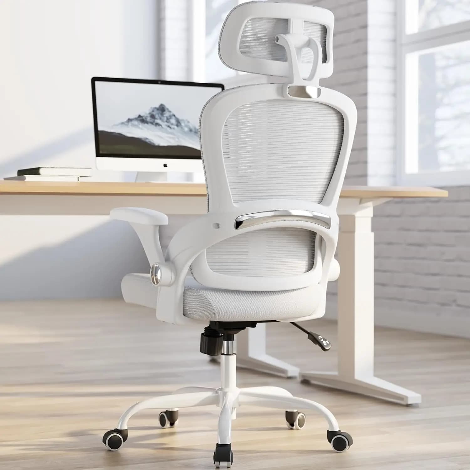 Sedia da ufficio ergonomica con supporto per la schiena, sedia da scrivania per casa, sedile largo da 330 libbre, poggiatesta, comoda, bianca