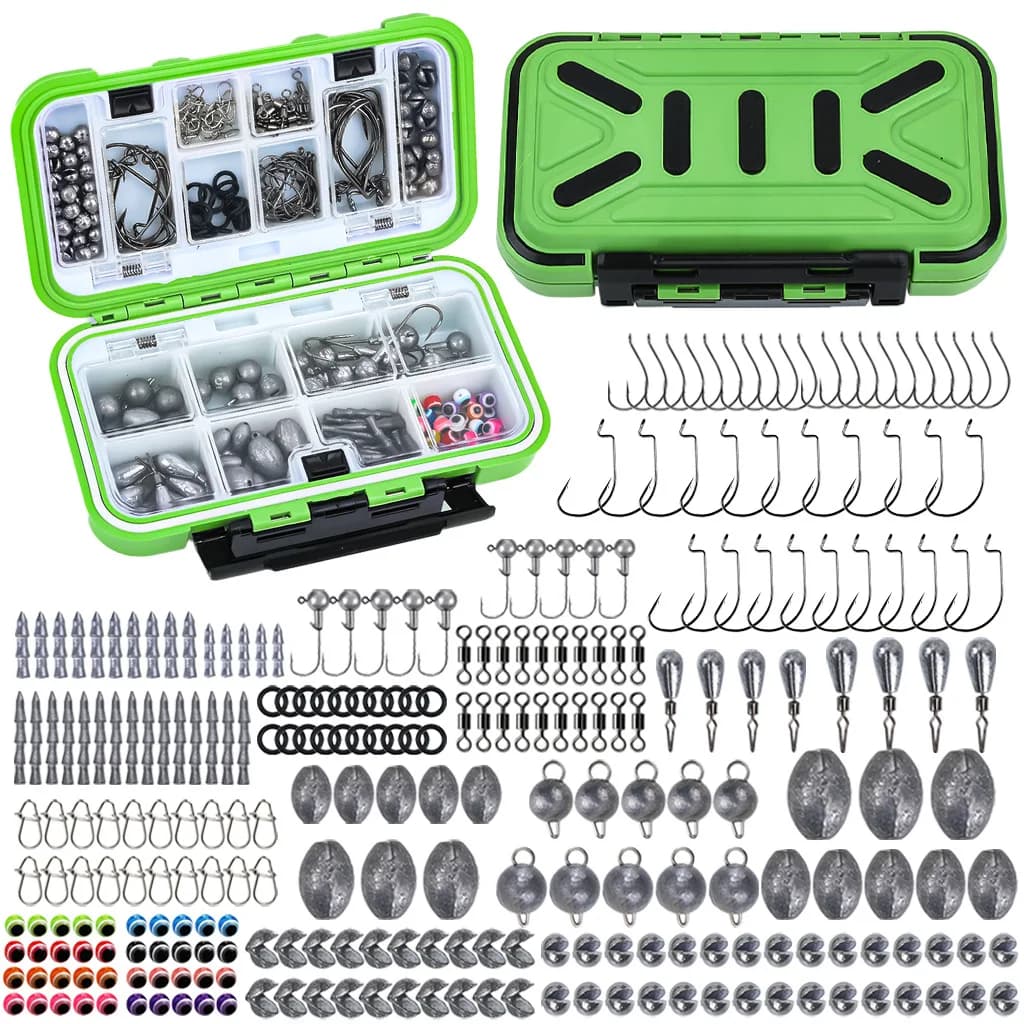 Nuovo Set di Ami da Pesca con Scatola Attrezzatura da Pesca, Piombi, Perline, Bloccanti, Esche per Acqua Dolce per Bass, Trota, Salmone e Accessori