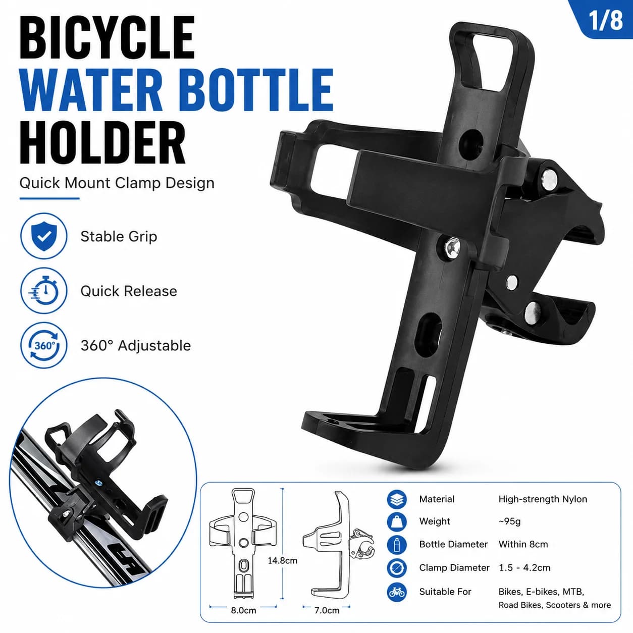 Bike Water Bottle Holder 360° Rotating Clamp Mount Adjustable Nylon Cup Cage for Bicycle E-Bikes MTB Scooter Stroller Road Bikes