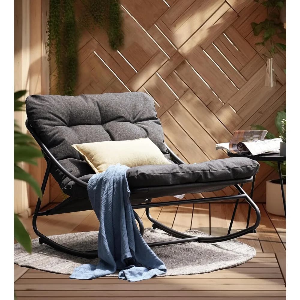 Sedia a dondolo per patio grande per interni ed esterni, sedia a dondolo per patio in metallo con cuscino spesso, comodo bilanciere moderno per soggiorno