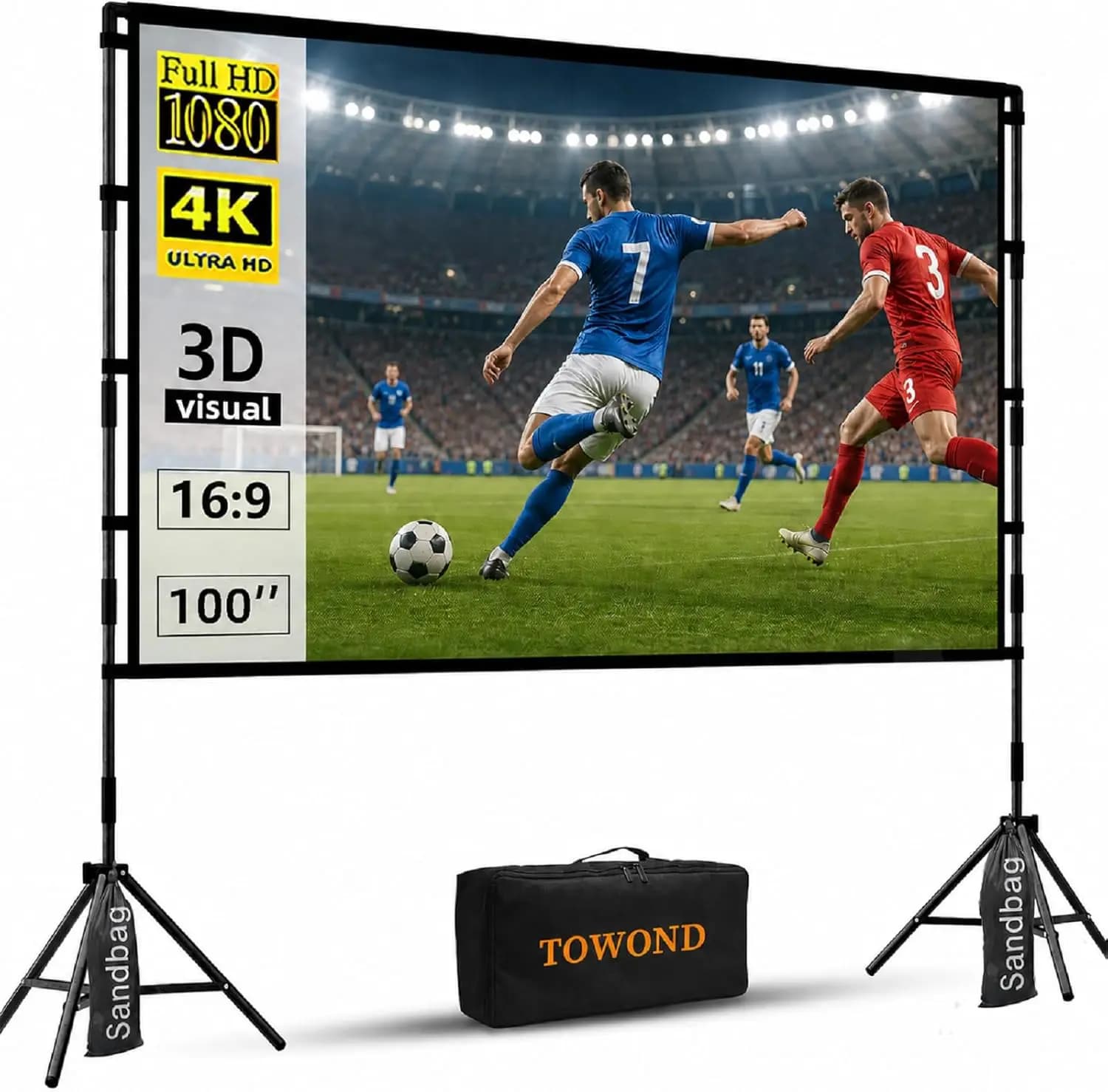 Schermo per proiettore da 100 pollici con supporto per uso esterno e interno, schermo portatile 16:9 4K per film con borsa per il trasporto