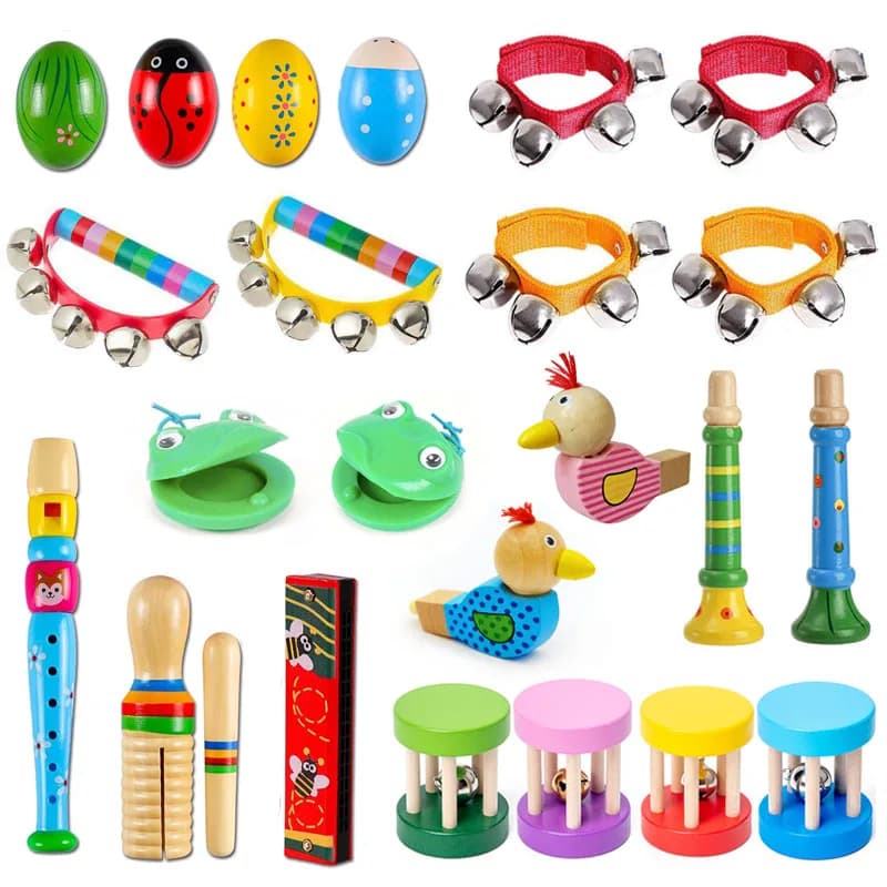 Strumenti Musicali in Legno per Bambini: Maracas, Castagnette, Flauto, Campanelli, Armonica, Tromba - Accessori per Feste e Carnevale
