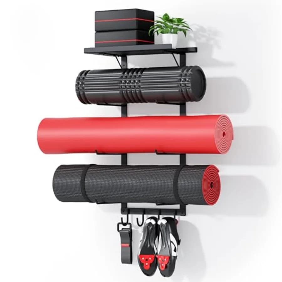 Supporto da Parete per Tappetino Yoga, Organizzatore per Accessori Palestra Domestica, Mensola Galleggiante con Ganci per Appendere