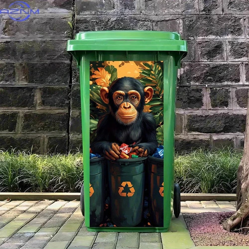 1pc Chimpanzee with Recycling Bins Waterproof PVC Bin Sticker - Self-Adhesive Animal Print Wall Art, 30.99x70.0 cm Home Decor
