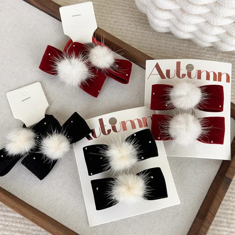 Set di forcine per capelli in velluto invernale con corda per capelli in visone, fiocco in cristallo, fermaglio per capelli, fermaglio per capelli, copricapo di Capodanno per bambini, fascia dolce per ragazza