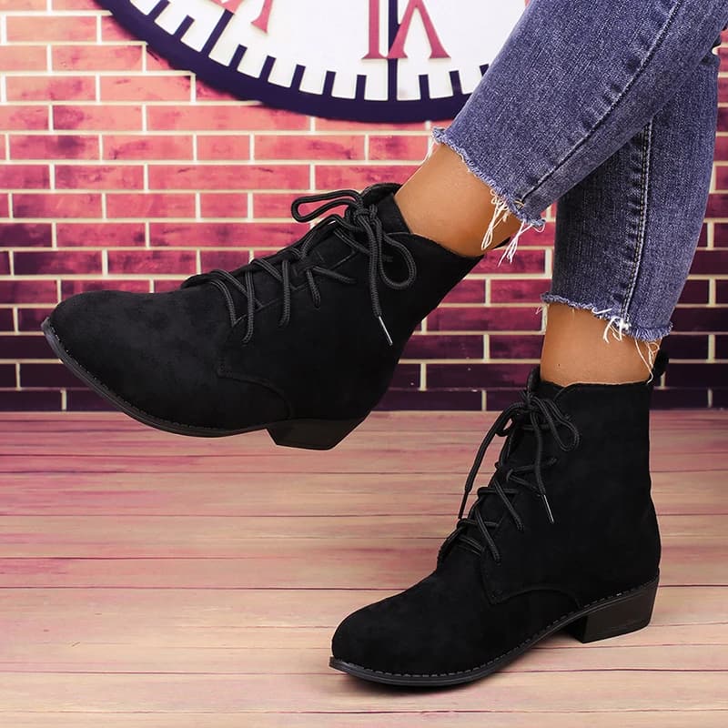 Women's Fashion Black Lace-Up Ankle Boots Spring Autumn Comfortable Low Block Heel Short Boots Woman Plus Size Botas Mujer 2025