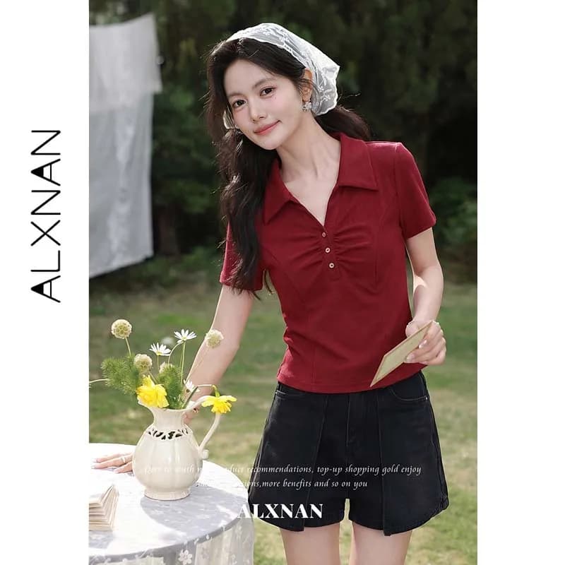 ALXNAN Women's Red T-shirt Polo Collar French Style Tees Summer 2026 Slim Fit Crop Casual Short Sleeve Top Female L557138-6